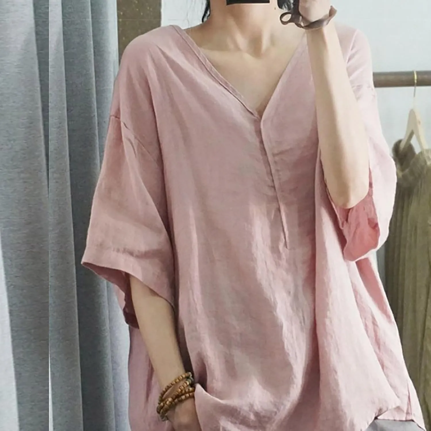 Linen Shirts for Women 2025 Summer Trendy Oversized V Neck Short Sleeve Tees Tops Casual Loose Fit Comfy Tunic Blouses
