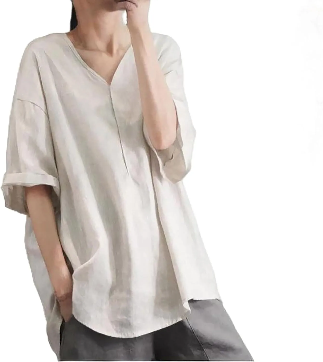 Linen Shirts for Women 2025 Summer Trendy Oversized V Neck Short Sleeve Tees Tops Casual Loose Fit Comfy Tunic Blouses