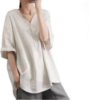 Linen Shirts for Women 2025 Summer Trendy Oversized V Neck Short Sleeve Tees Tops Casual Loose Fit Comfy Tunic Blouses