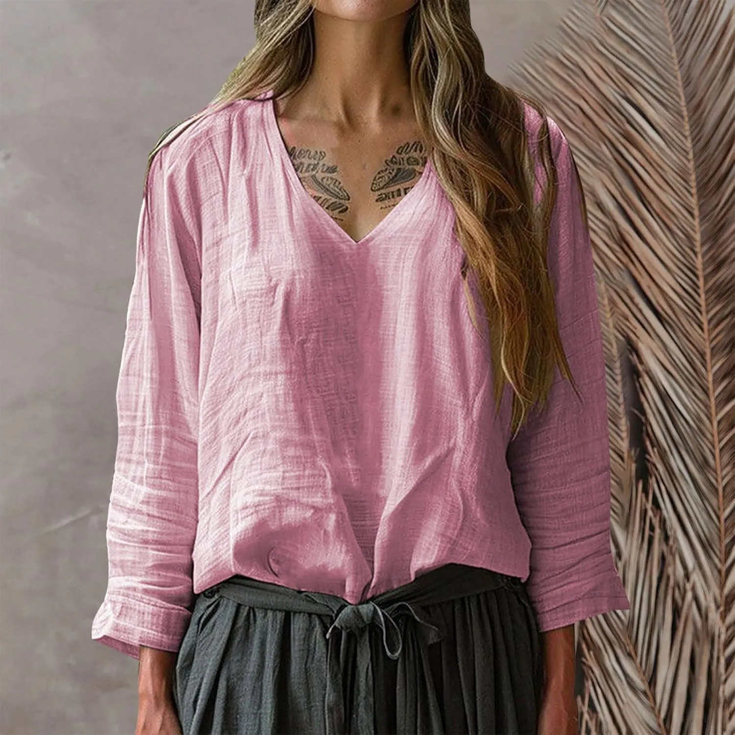 Linen Shirts for Women Casual V-Neck Long Sleeve T Shirt Loose Fit Solid Lightweight Blouse Trendy Summer Beach Tops