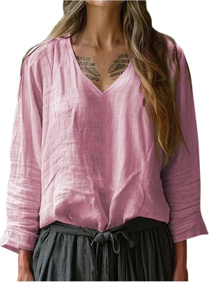 Linen Shirts for Women Casual V-Neck Long Sleeve T Shirt Loose Fit Solid Lightweight Blouse Trendy Summer Beach Tops