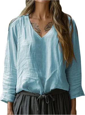 Linen Shirts for Women Casual V-Neck Long Sleeve T Shirt Loose Fit Solid Lightweight Blouse Trendy Summer Beach Tops