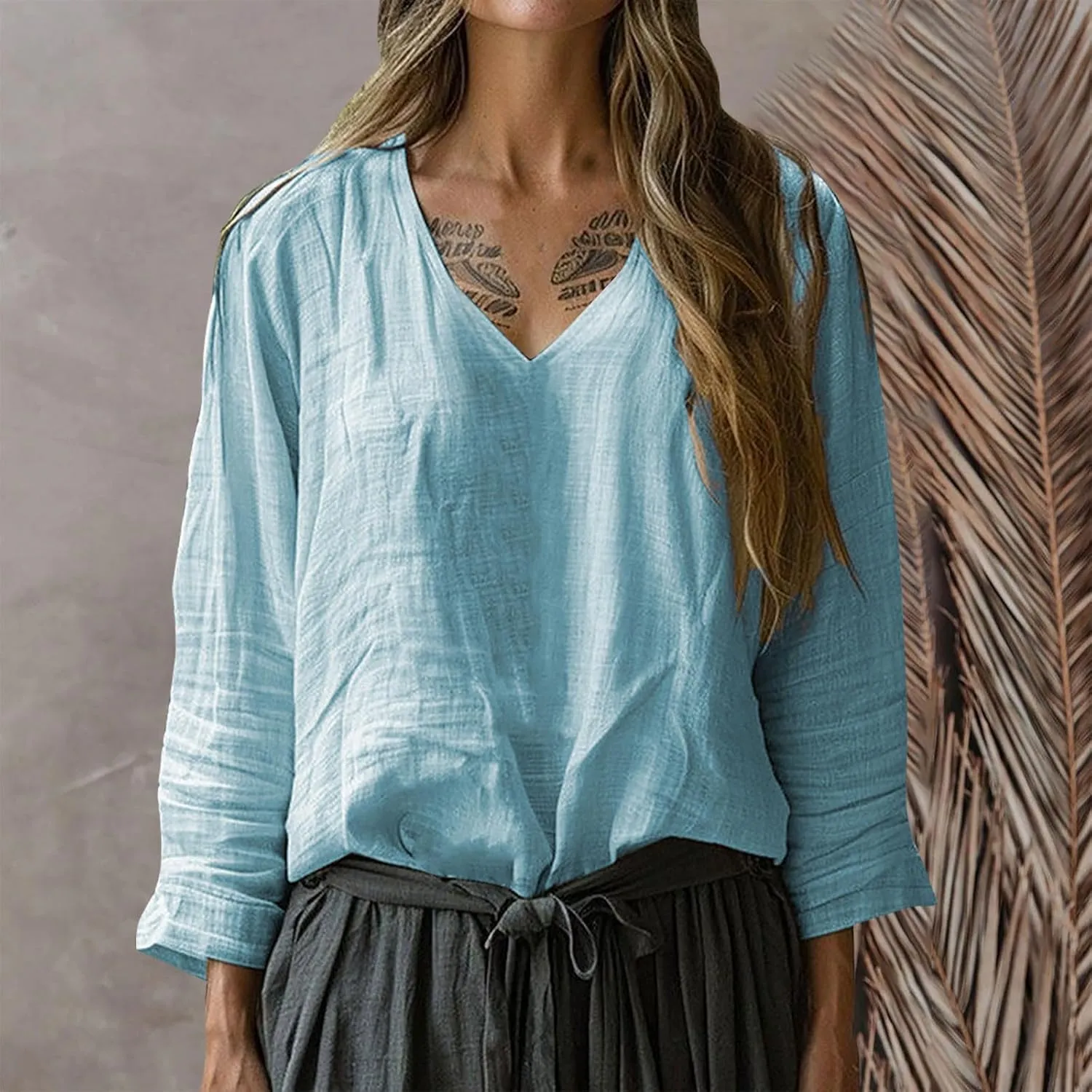 Linen Shirts for Women Casual V-Neck Long Sleeve T Shirt Loose Fit Solid Lightweight Blouse Trendy Summer Beach Tops