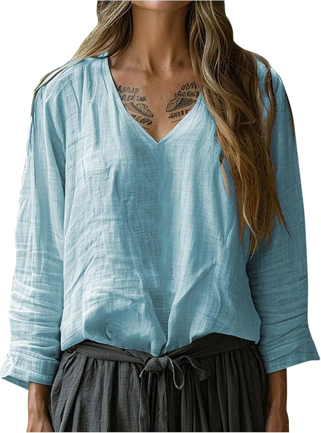 Linen Shirts for Women Casual V-Neck Long Sleeve T Shirt Loose Fit Solid Lightweight Blouse Trendy Summer Beach Tops
