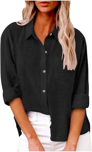 Linen Shirts for Women Long Sleeve Button Down T Shirts Dressy Casual Tops Solid Casual Work Blouses with Pocket