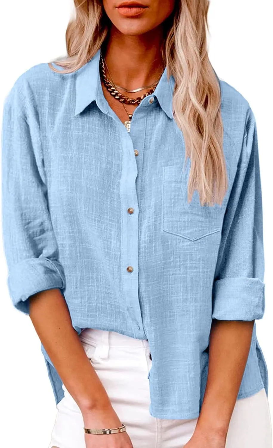 Linen Shirts for Women Long Sleeve Button Down T Shirts Dressy Casual Tops Solid Casual Work Blouses with Pocket