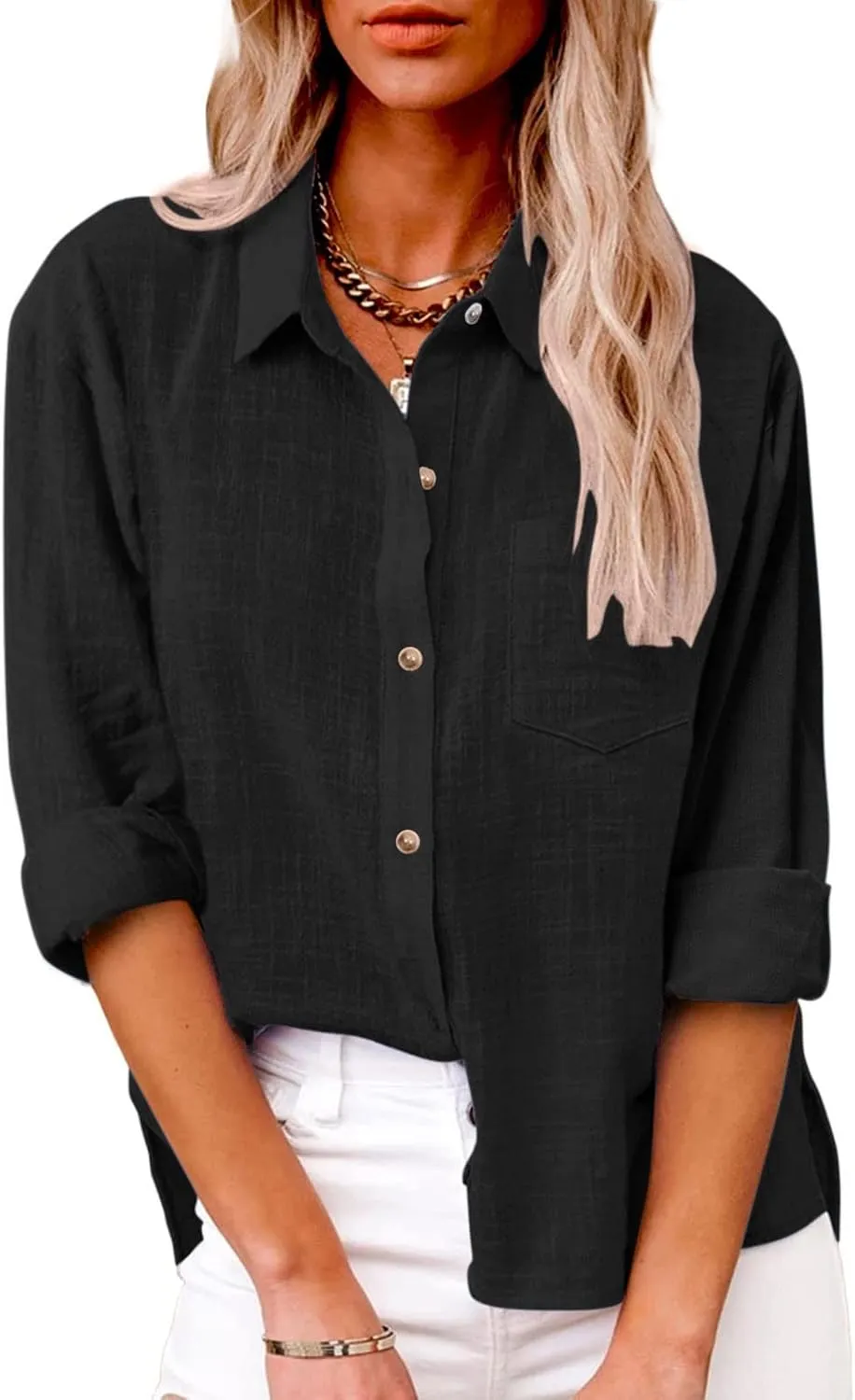Linen Shirts for Women Long Sleeve Button Down T Shirts Dressy Casual Tops Solid Casual Work Blouses with Pocket