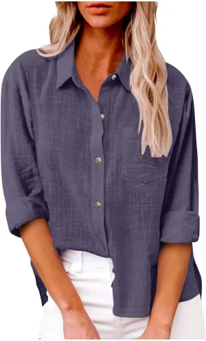 Linen Shirts for Women Long Sleeve Button Down T Shirts Dressy Casual Tops Solid Casual Work Blouses with Pocket