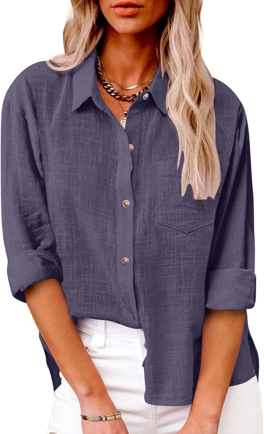 Linen Shirts for Women Long Sleeve Button Down T Shirts Dressy Casual Tops Solid Casual Work Blouses with Pocket