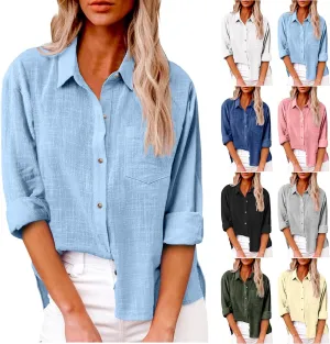 Linen Shirts for Women Long Sleeve Button Down T Shirts Dressy Casual Tops Solid Casual Work Blouses with Pocket