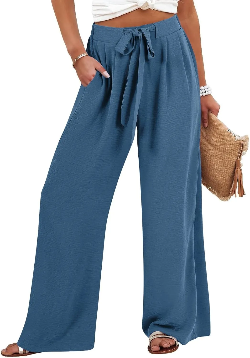 Linen Wide Leg Pants Womens Summer Pants Lightweight Plus Size Button Beach Cotton High Waisted Palazzo Trousers