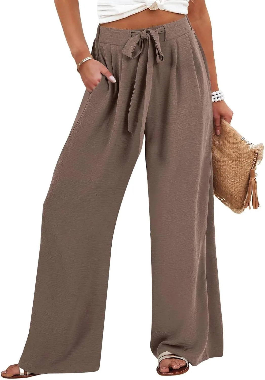 Linen Wide Leg Pants Womens Summer Pants Lightweight Plus Size Button Beach Cotton High Waisted Palazzo Trousers