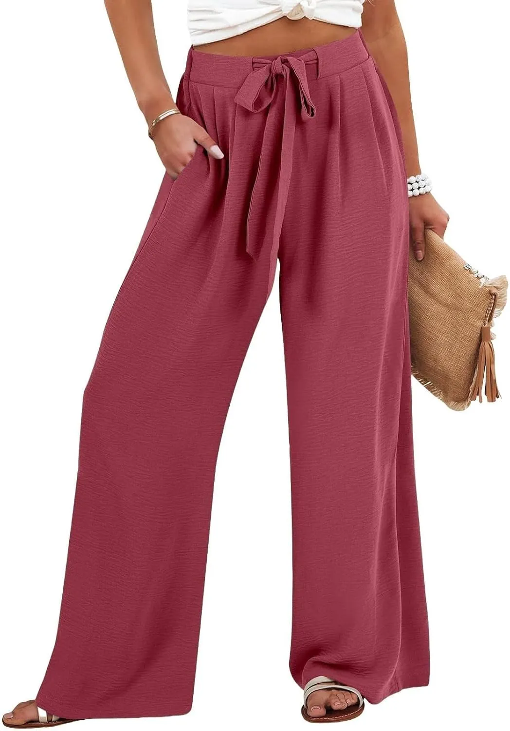 Linen Wide Leg Pants Womens Summer Pants Lightweight Plus Size Button Beach Cotton High Waisted Palazzo Trousers
