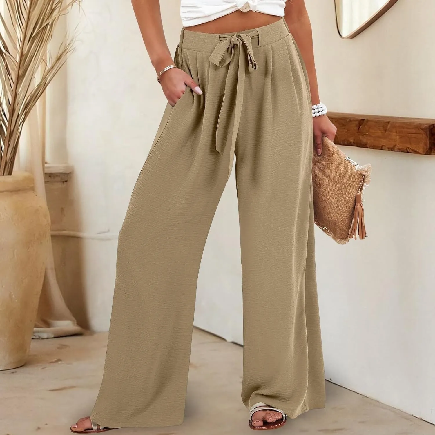 Linen Wide Leg Pants Womens Summer Pants Lightweight Plus Size Button Beach Cotton High Waisted Palazzo Trousers