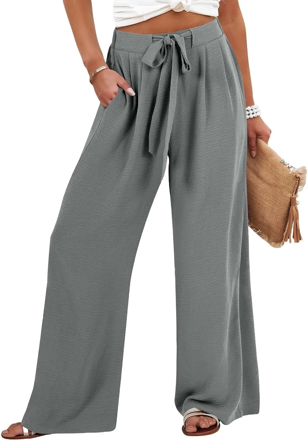 Linen Wide Leg Pants Womens Summer Pants Lightweight Plus Size Button Beach Cotton High Waisted Palazzo Trousers