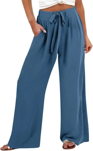 Linen Wide Leg Pants Womens Summer Pants Lightweight Plus Size Button Beach Cotton High Waisted Palazzo Trousers