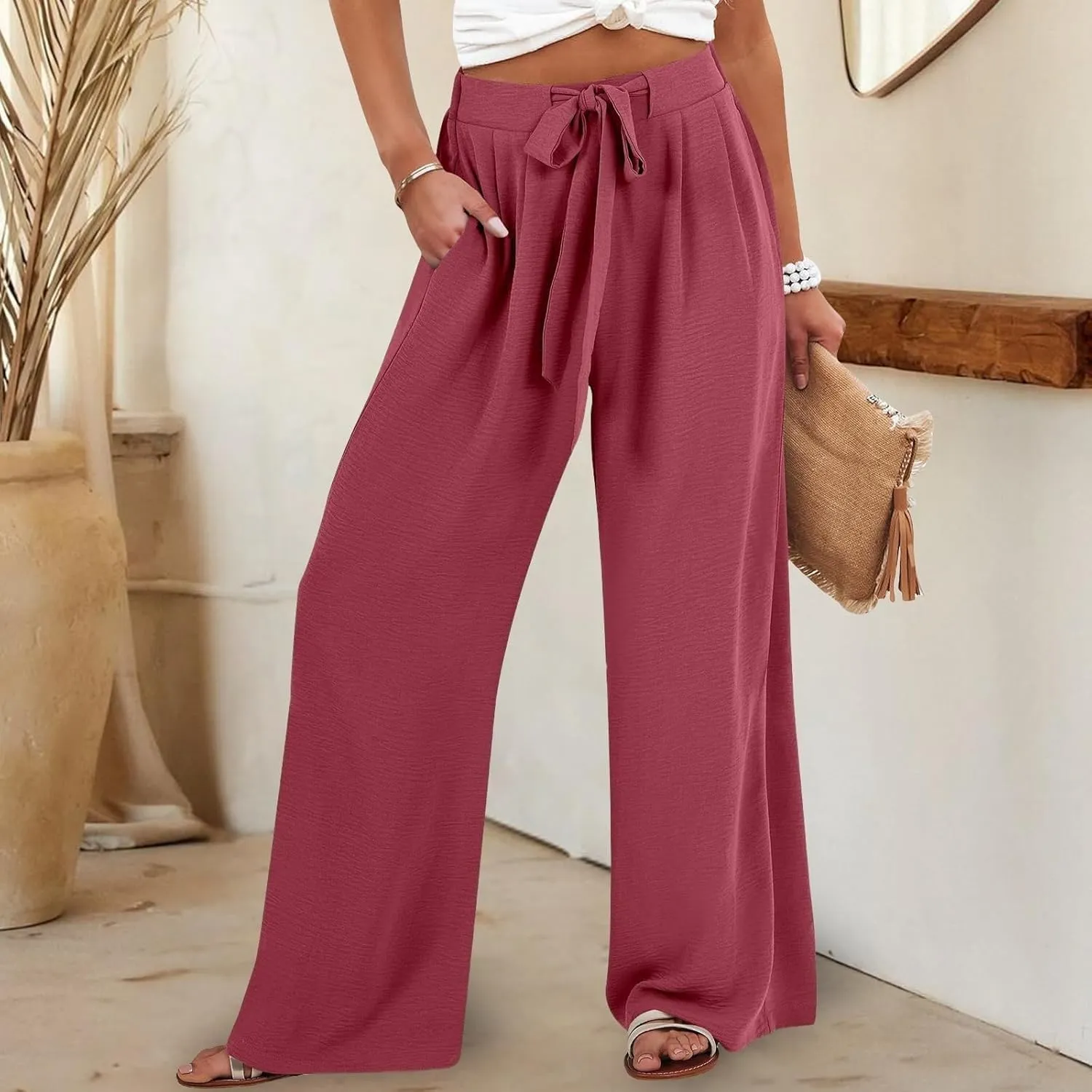 Linen Wide Leg Pants Womens Summer Pants Lightweight Plus Size Button Beach Cotton High Waisted Palazzo Trousers