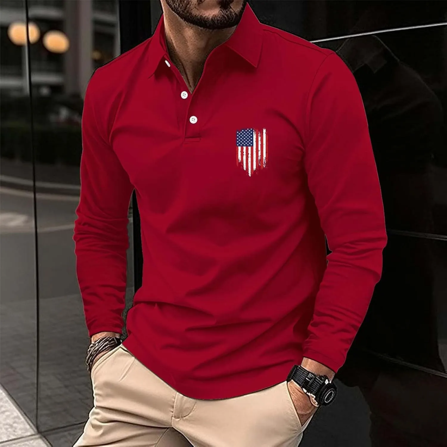 Long Sleeve Polo Shirts for Men Fashion America Flag Graphic Golf T Shirts Oversized Classic Work Office Pullover Top