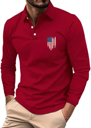 Long Sleeve Polo Shirts for Men Fashion America Flag Graphic Golf T Shirts Oversized Classic Work Office Pullover Top