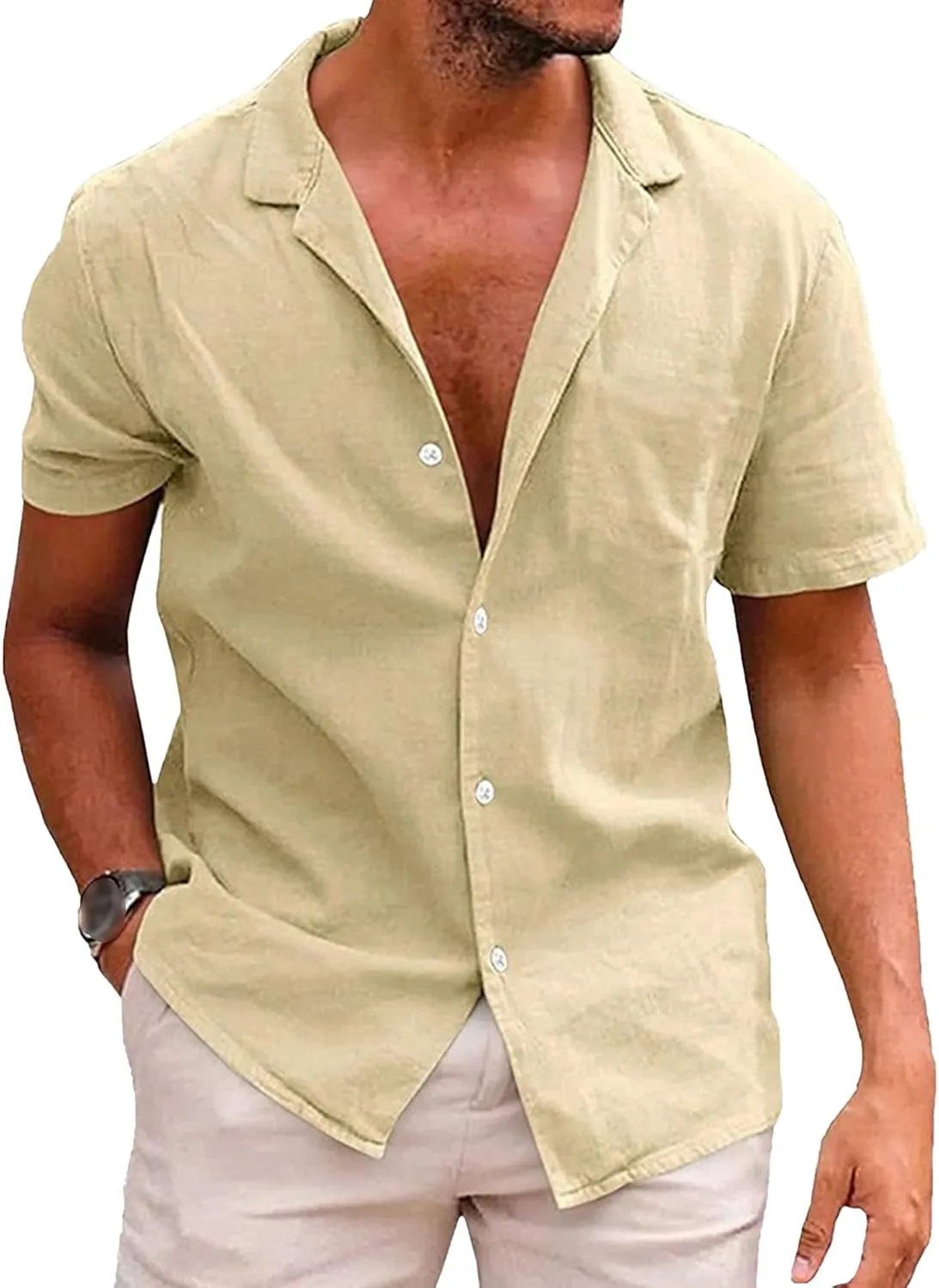 Maiyifu-GJ Mens Short Sleeve Button Down Shirts Summer Casual Cotton Linen Shirt Lightweight Breathable Dress Shirts