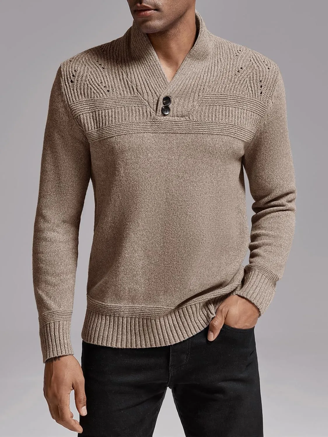 Makkrom Mens Shawl Collar Sweater Cable Knit Pullovers Casual Fall Winter Button Long Sleeve Classic Dress Sweater