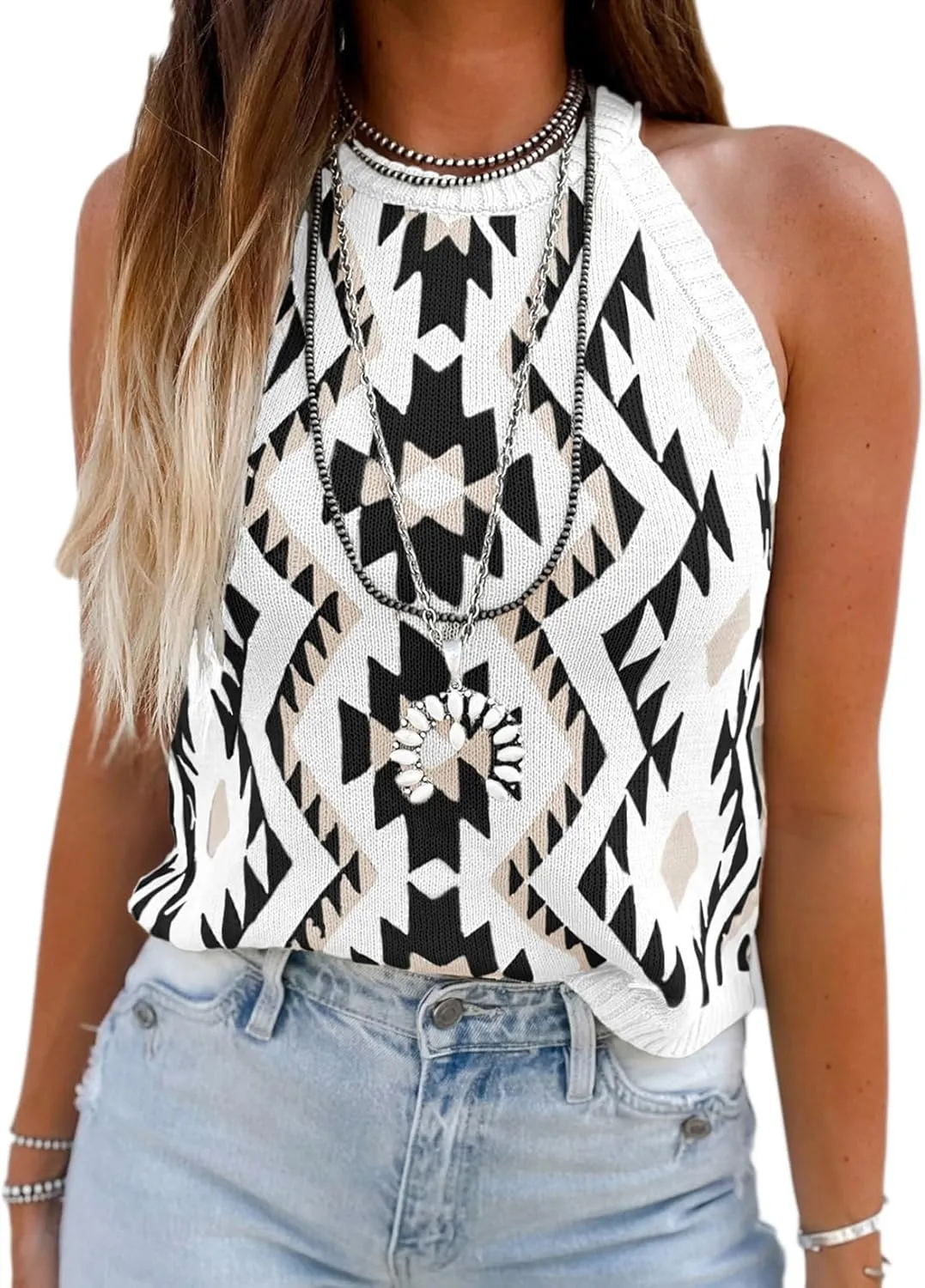 MARZXIN Women Sleeveless Sweater Tank Round Neck Casual Aztec Geometric Knit Sweater Top