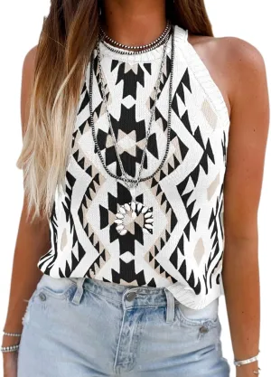 MARZXIN Women Sleeveless Sweater Tank Round Neck Casual Aztec Geometric Knit Sweater Top