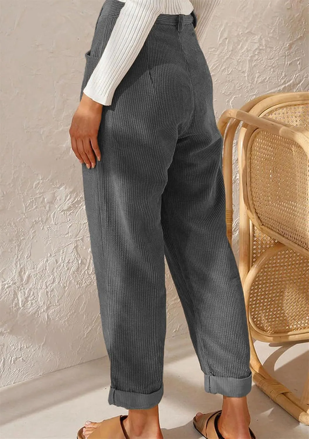 MAYRAIN Womens High Waisted Oversized Corduroy Pants Baggy Straight Leg Trousers Classic Pleated Pocketed Pants