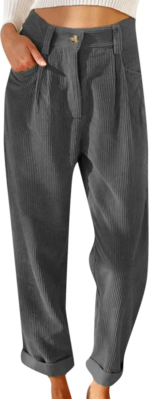 MAYRAIN Womens High Waisted Oversized Corduroy Pants Baggy Straight Leg Trousers Classic Pleated Pocketed Pants