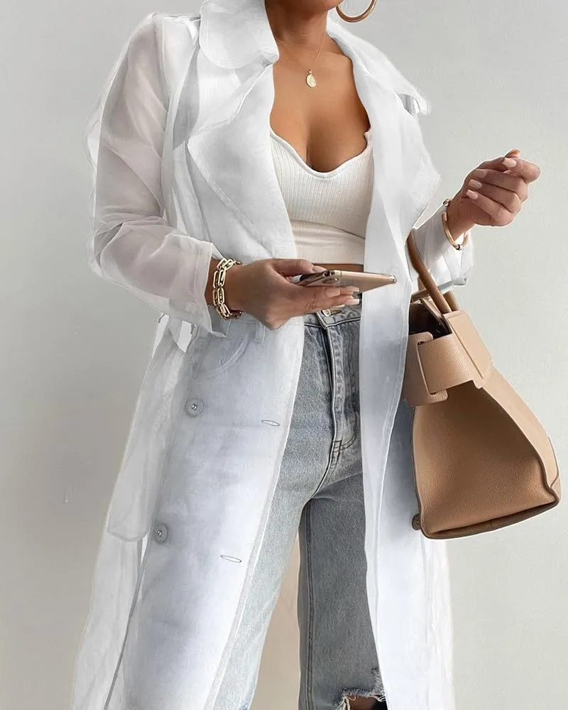 Melliflo Womens See Through Trench Coat Lapel Double Breasted Long Sleeve Sheer Mesh Cardigan Soid Color Cardigan with Belt
