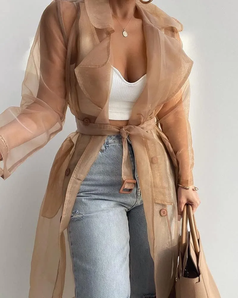 Melliflo Womens See Through Trench Coat Lapel Double Breasted Long Sleeve Sheer Mesh Cardigan Soid Color Cardigan with Belt