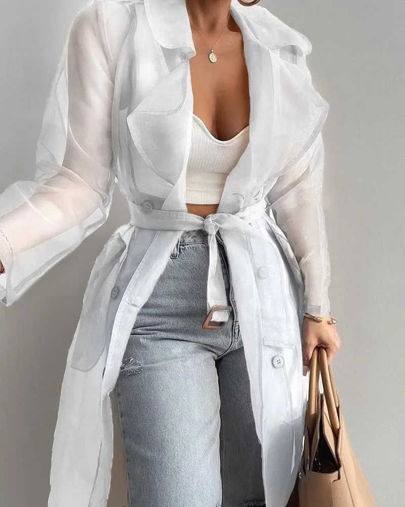 Melliflo Womens See Through Trench Coat Lapel Double Breasted Long Sleeve Sheer Mesh Cardigan Soid Color Cardigan with Belt