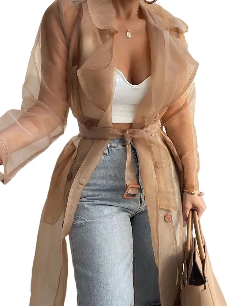 Melliflo Womens See Through Trench Coat Lapel Double Breasted Long Sleeve Sheer Mesh Cardigan Soid Color Cardigan with Belt