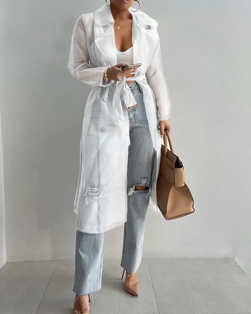 Melliflo Womens See Through Trench Coat Lapel Double Breasted Long Sleeve Sheer Mesh Cardigan Soid Color Cardigan with Belt