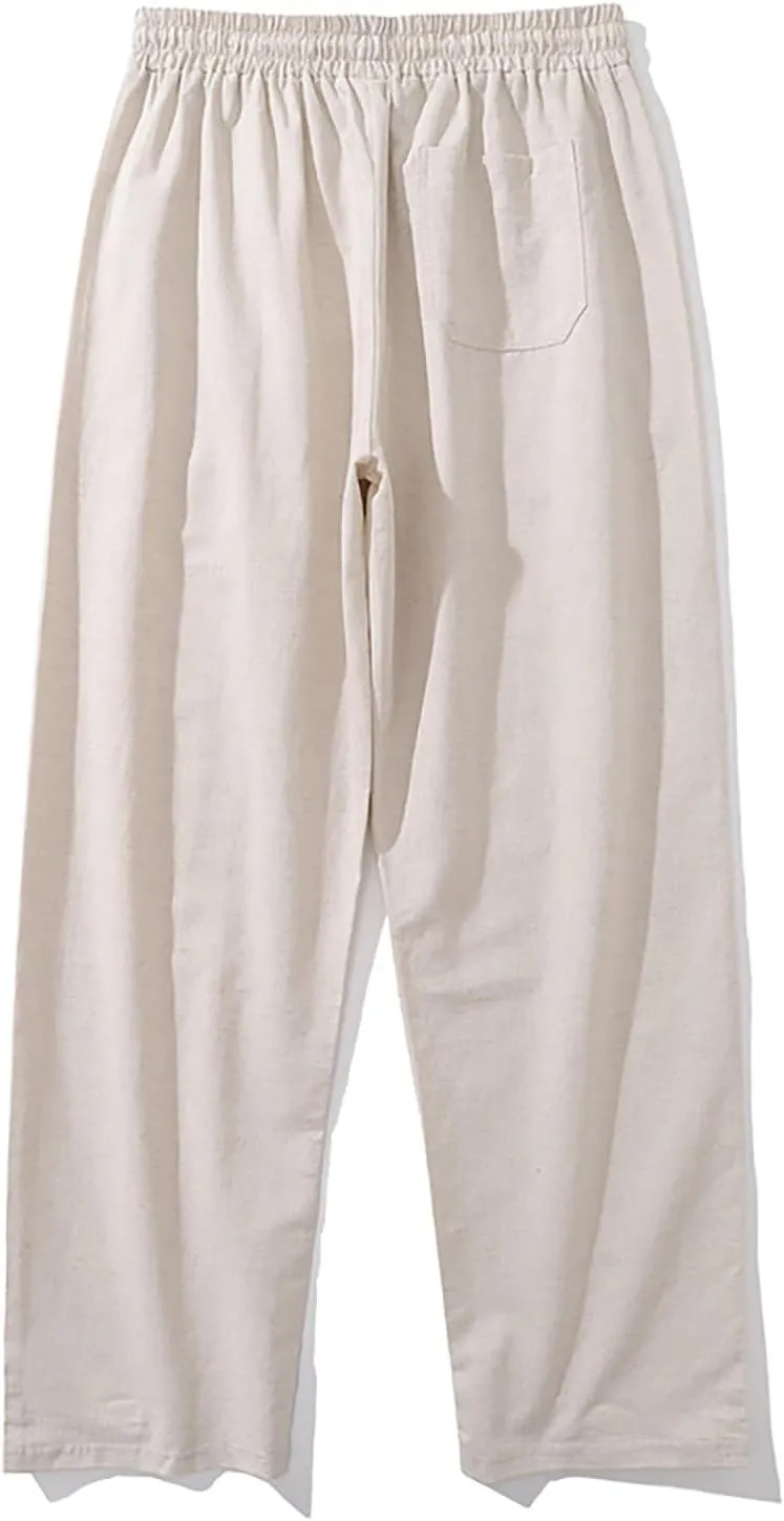 Men Casual Drawstring Pants Cotton Linen Straight Trousers Solid Elastic Waist Outing Travel Pant New Vacation Outfit