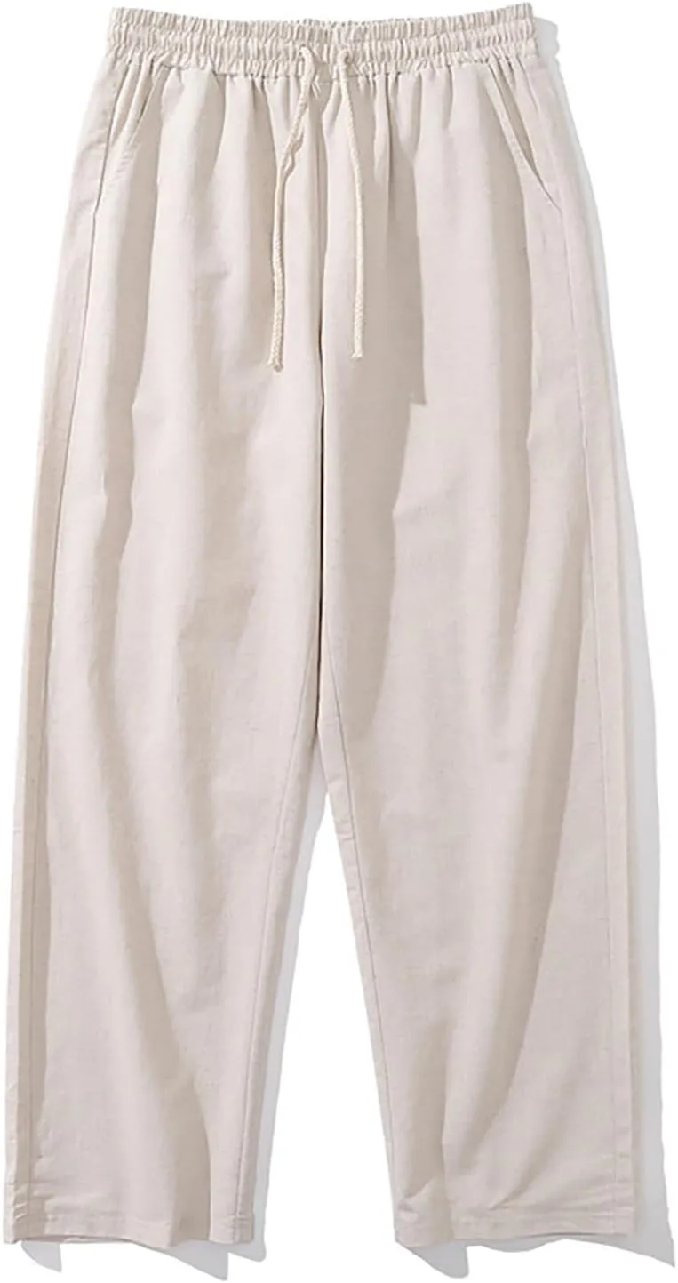 Men Casual Drawstring Pants Cotton Linen Straight Trousers Solid Elastic Waist Outing Travel Pant New Vacation Outfit