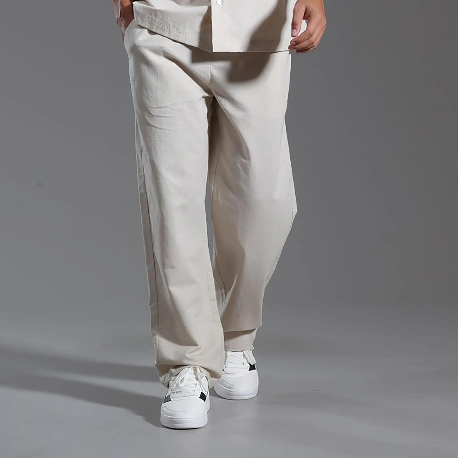 Men Casual Drawstring Pants Cotton Linen Straight Trousers Solid Elastic Waist Outing Travel Pant New Vacation Outfit