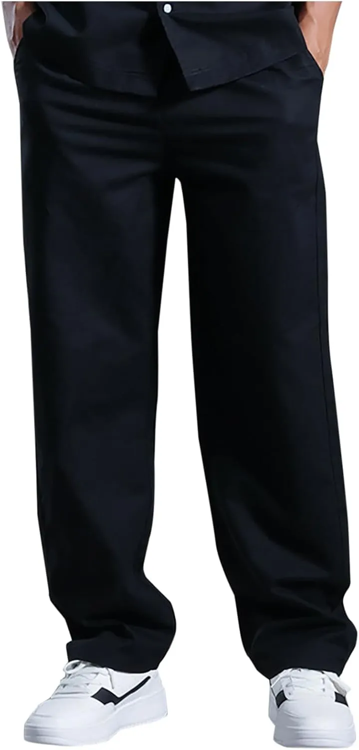 Men Casual Drawstring Pants Cotton Linen Straight Trousers Solid Elastic Waist Outing Travel Pant New Vacation Outfit