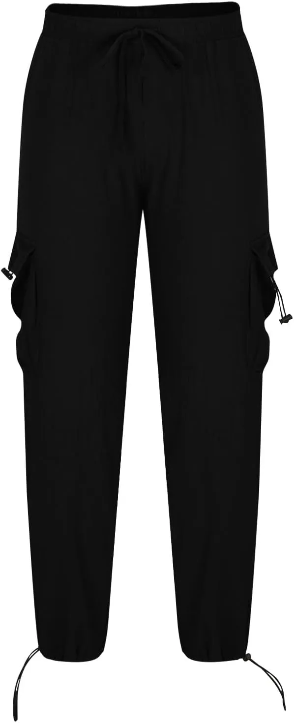 Men Cotton Linen Cargo Pants Comfy Lightweight Trousers Drawstring Elastic Waist Pant Summer Outing Workout Clothes