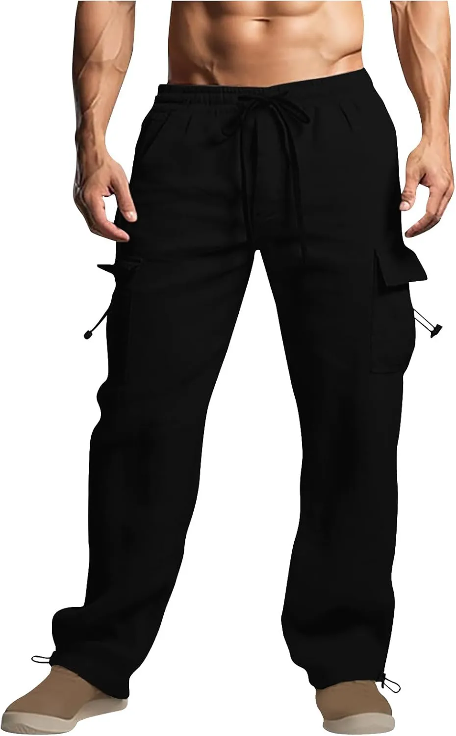 Men Cotton Linen Cargo Pants Comfy Lightweight Trousers Drawstring Elastic Waist Pant Summer Outing Workout Clothes