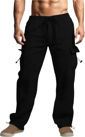 Men Cotton Linen Cargo Pants Comfy Lightweight Trousers Drawstring Elastic Waist Pant Summer Outing Workout Clothes