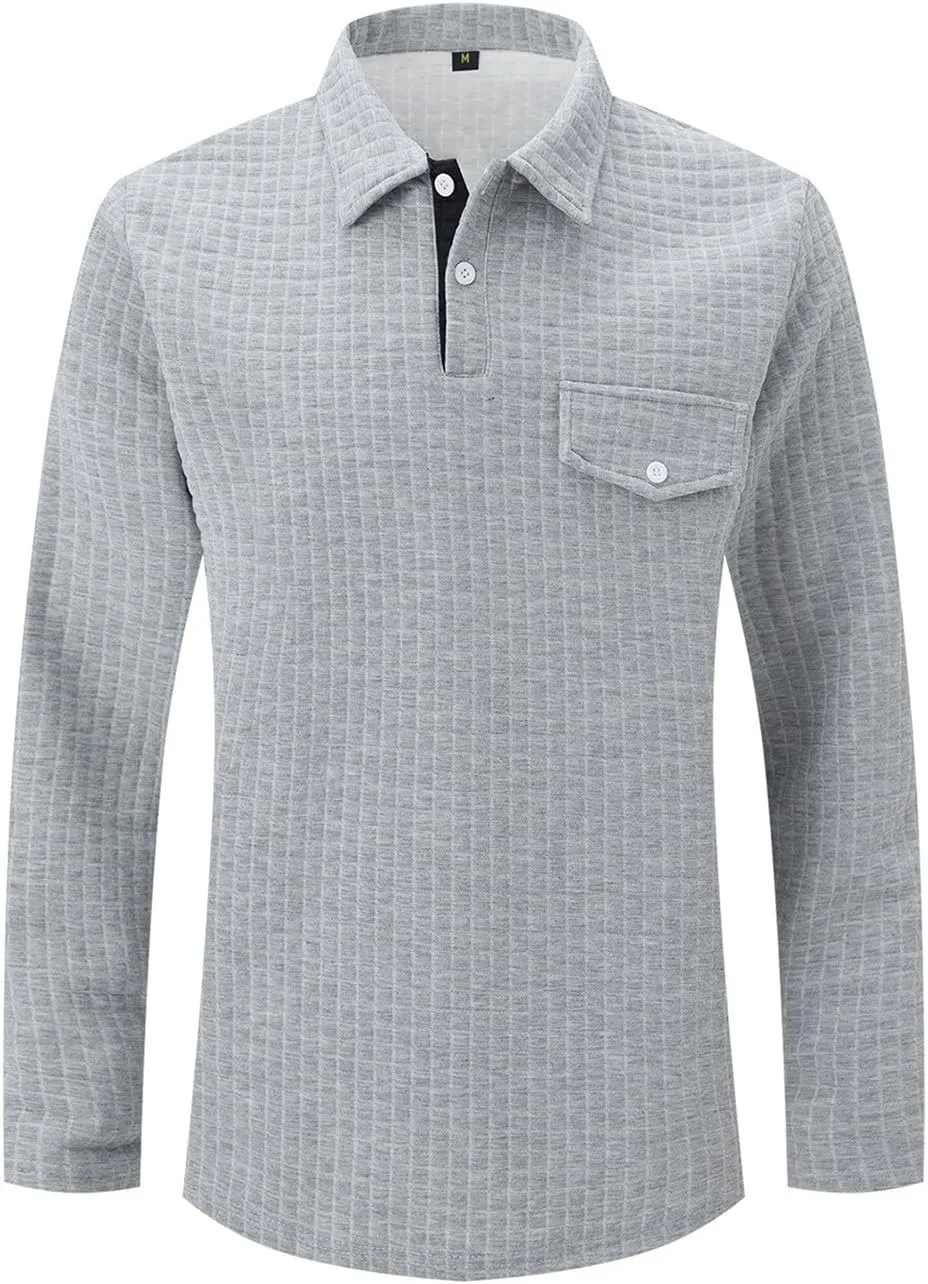 Men Golf Shirts Lapel Pullovers Waffle Classic Polo Shirts Button V-Neck Lounging Holiday Travelling Wears Clothes