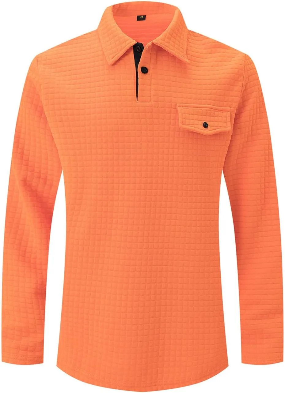 Men Golf Shirts Lapel Pullovers Waffle Classic Polo Shirts Button V-Neck Lounging Holiday Travelling Wears Clothes