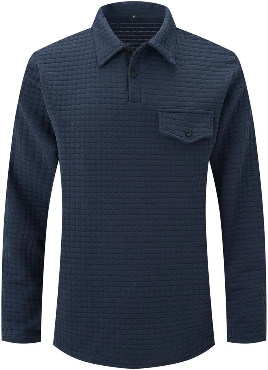 Men Golf Shirts Lapel Pullovers Waffle Classic Polo Shirts Button V-Neck Lounging Holiday Travelling Wears Clothes