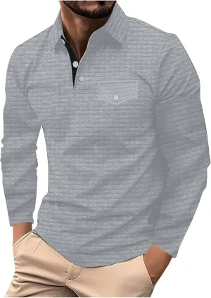 Men Golf Shirts Lapel Pullovers Waffle Classic Polo Shirts Button V-Neck Lounging Holiday Travelling Wears Clothes