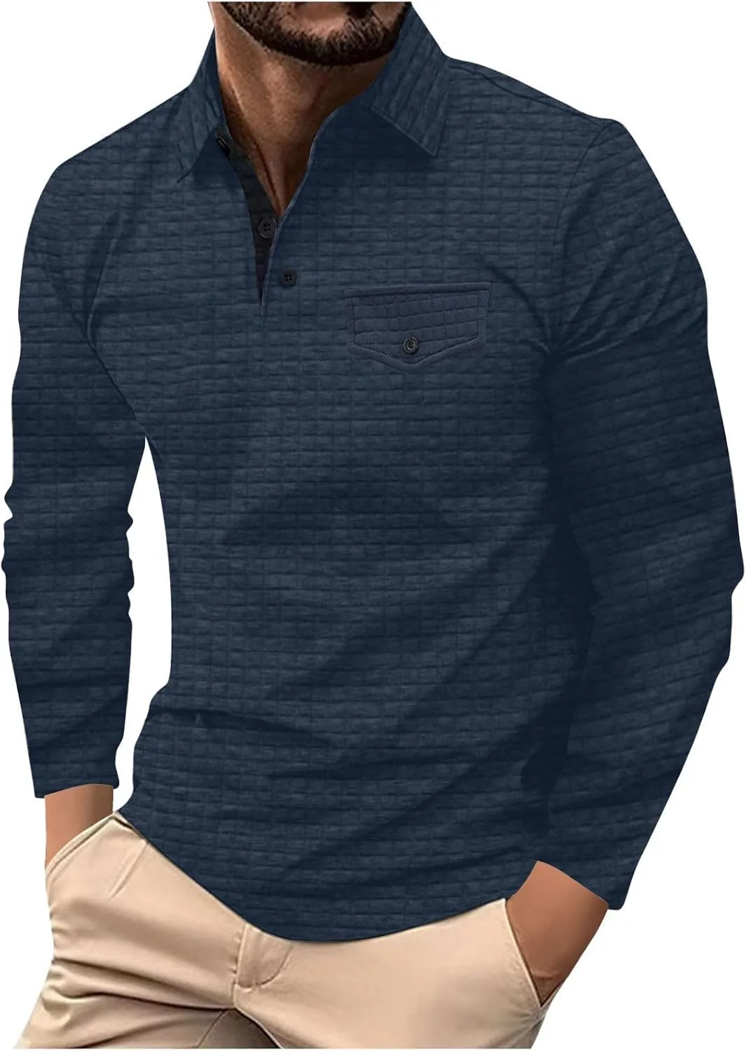 Men Golf Shirts Lapel Pullovers Waffle Classic Polo Shirts Button V-Neck Lounging Holiday Travelling Wears Clothes
