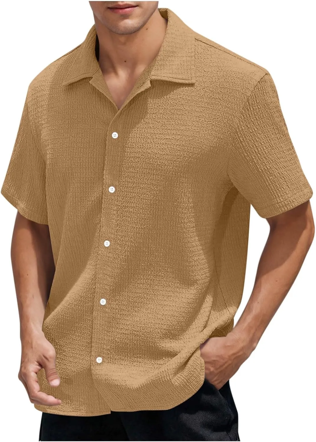 Men's Button Down Short Sleeve Shirts Dressy Casual Lapel Collar Textured Top Summer Beach Vacation Wedding Shirts