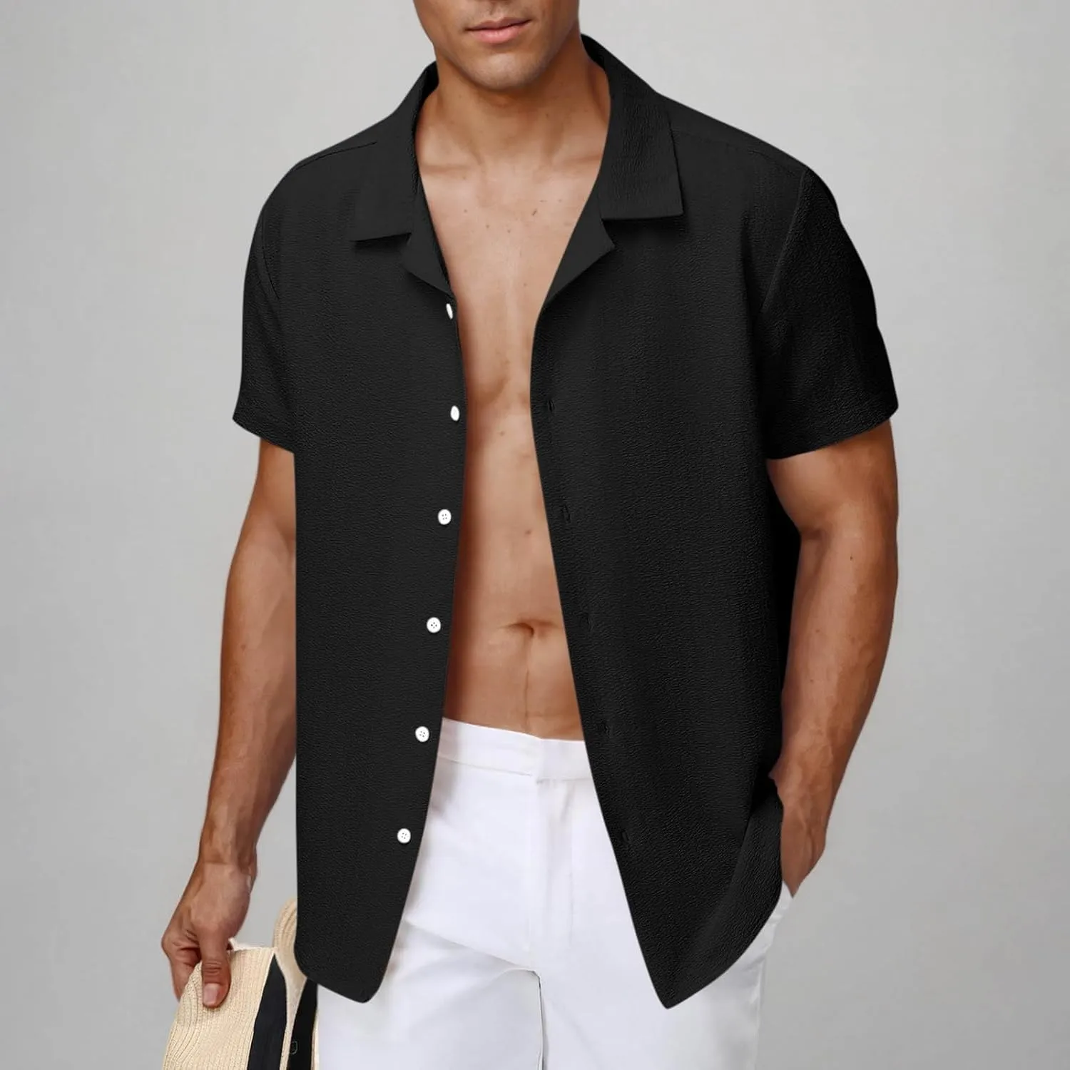 Men's Button Down Short Sleeve Shirts Dressy Casual Lapel Collar Textured Top Summer Beach Vacation Wedding Shirts