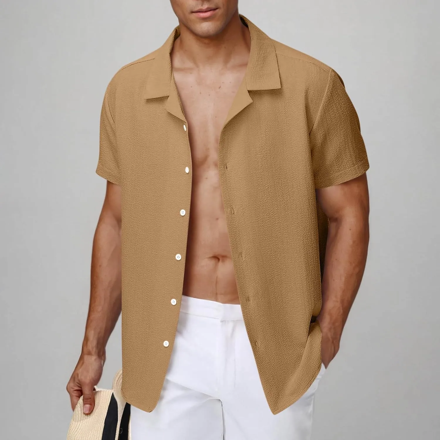 Men's Button Down Short Sleeve Shirts Dressy Casual Lapel Collar Textured Top Summer Beach Vacation Wedding Shirts