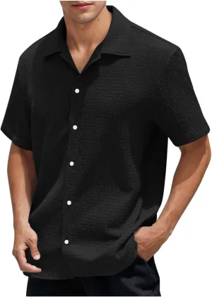 Men's Button Down Short Sleeve Shirts Dressy Casual Lapel Collar Textured Top Summer Beach Vacation Wedding Shirts